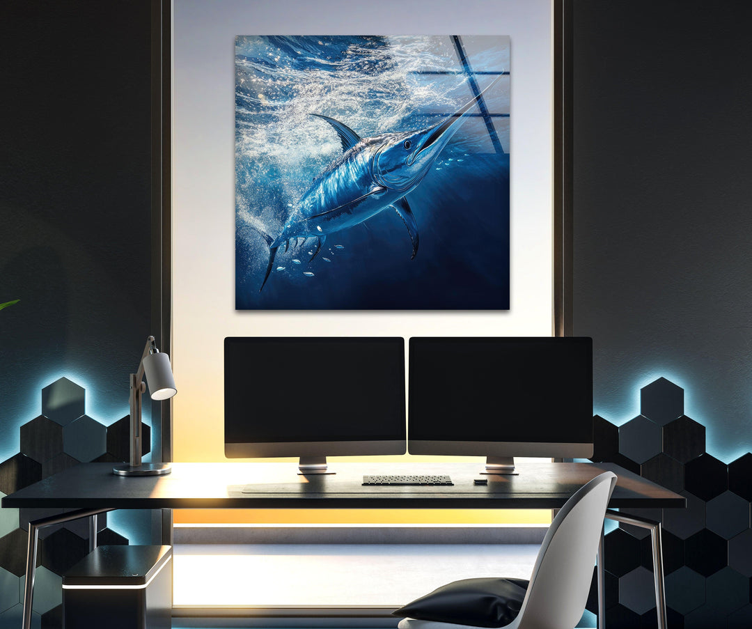 Swordfish Under Ocean Glass Wall Art print picture on glass, Tempered Glass Wall Art
