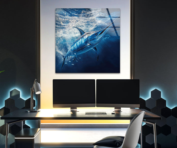 Swordfish Under Ocean Glass Wall Art print picture on glass, Tempered Glass Wall Art
