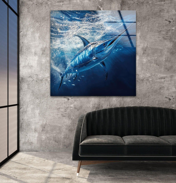 Swordfish Under Ocean Glass Wall Art picture on glass wall art, photos printed on glass
