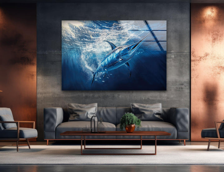 Swordfish Under Ocean Glass Wall Art stained glass wall art, stained glass wall decor
