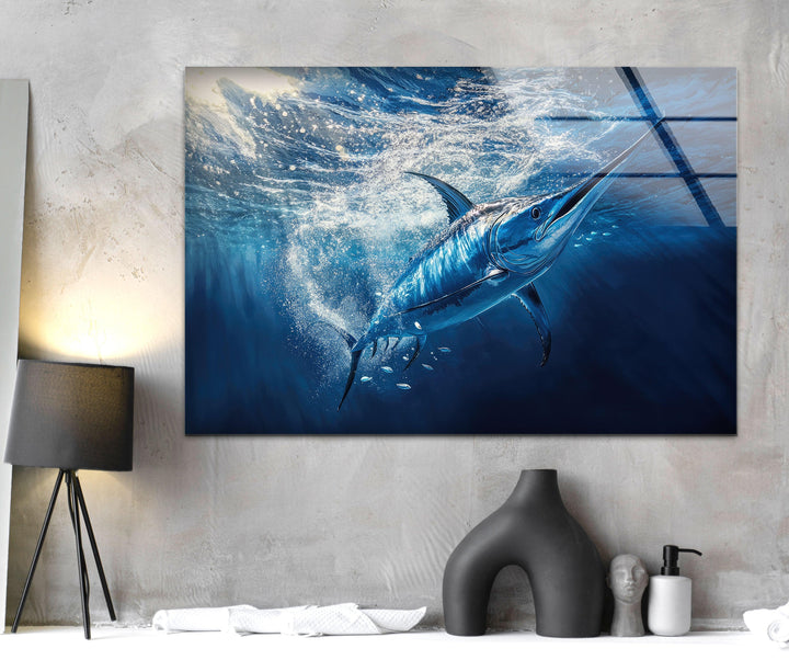Swordfish Under Ocean Glass Wall Art glass art painting, glass art for the Wall
