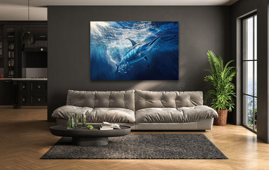 The ocean swordfish is vibrant blue animal canvas wall art and a stunning glass picture print for ocean wall art in vivid color for sea life lovers