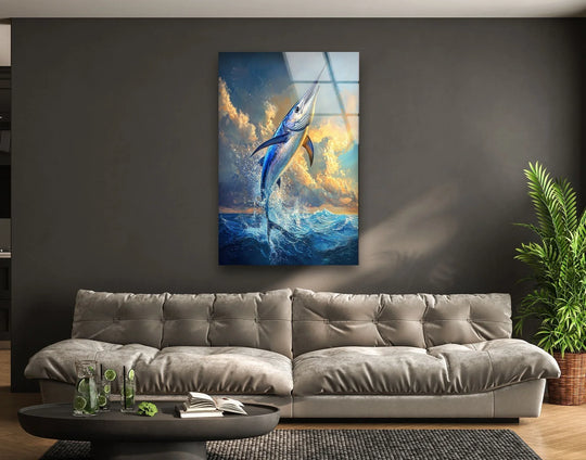 Animal glass wall art jumping swordfish in blue and ocean tones plus vivid ocean decor with modern animal painting