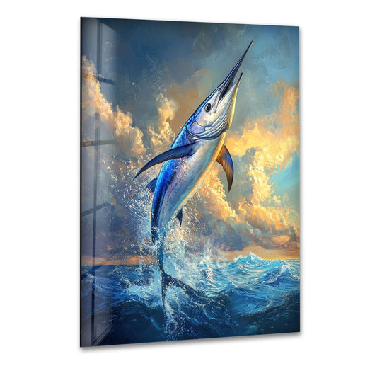 Animal glass wall art with swordfish illustration and ocean waves features vivid colors and adds energy and a unique ocean decor