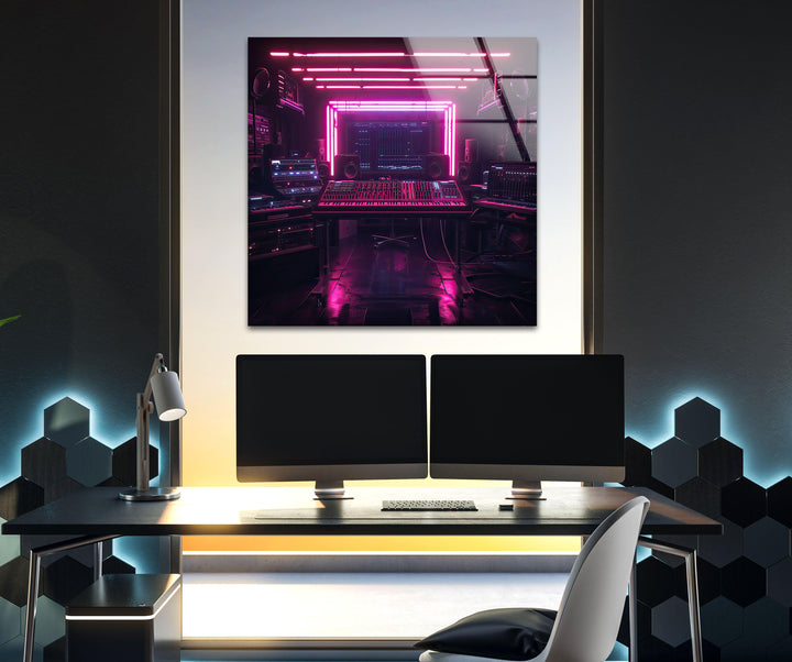 Synthwave Pink Dj Studio Glass Wall Art custom glass photo prints, large glass prints
