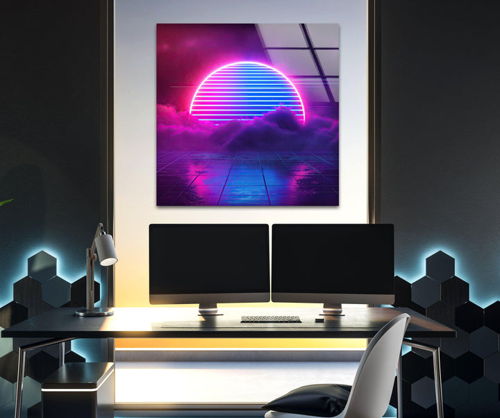 Synthwave Pink Lines Glass Wall Art large glass photo prints, glass wall photos
