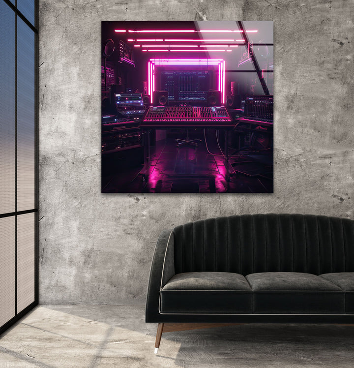 Synthwave Pink Dj Studio Glass Wall Art photo print on glass, prints on glass wall art
