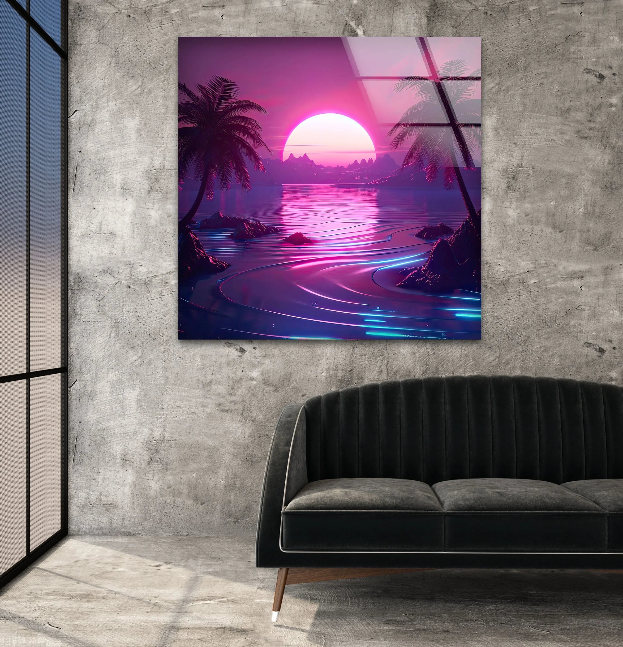 Neon Sunset Oasis Glass Wall Art | Futuristic Tropical Aesthetic