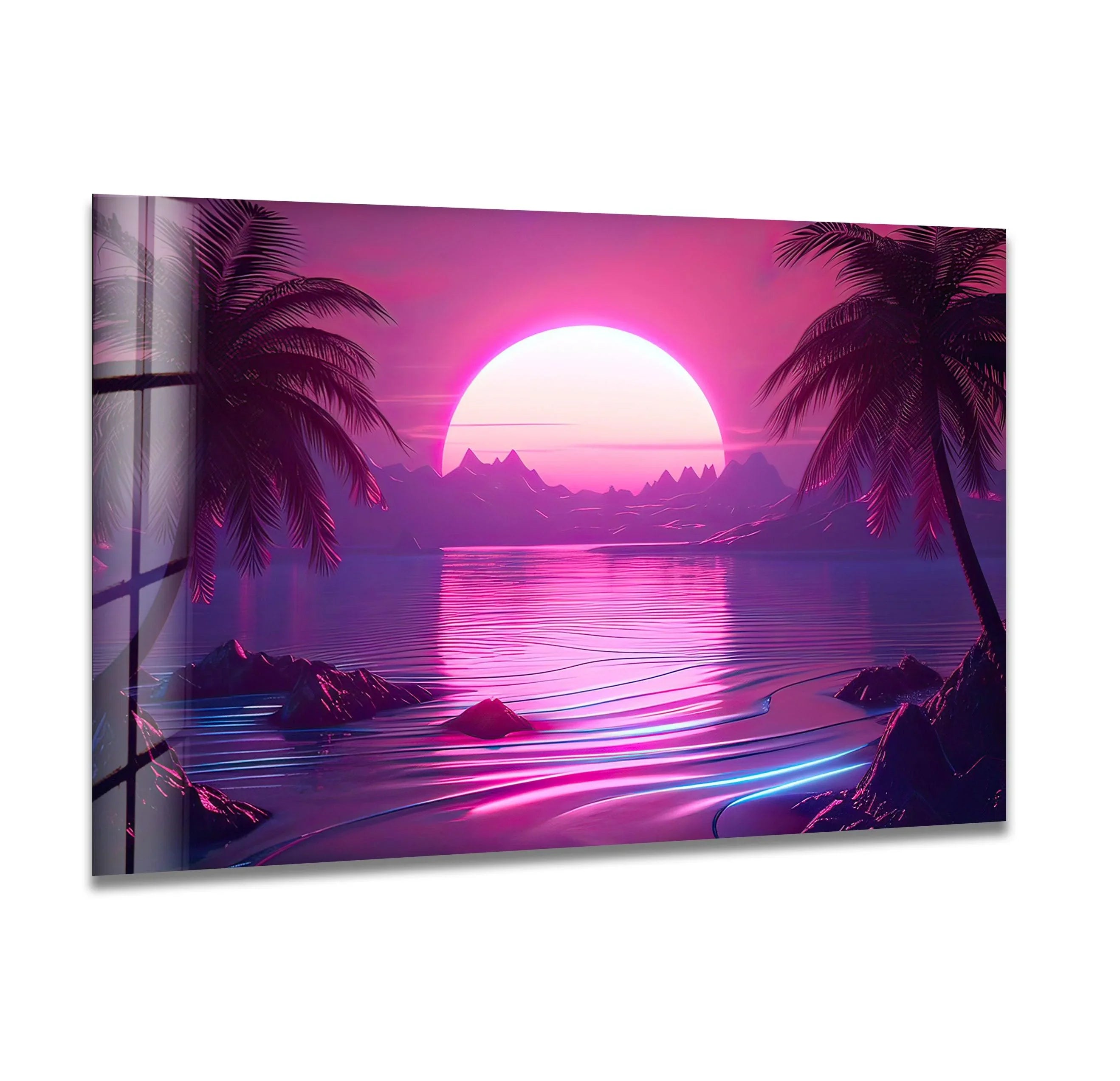 その他 Fishcat Tisha Pink Sunset Neon Sunset Oasis Glass Wall Art | Futuristic Tropical Aesthetic