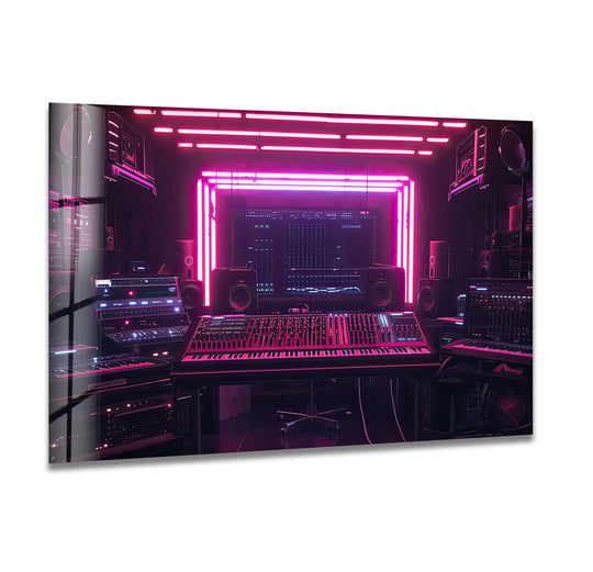 The vibrant neon pink synthwave DJ studio glass wall art commands attention with its loud, electric atmosphere and home decoration appeal.