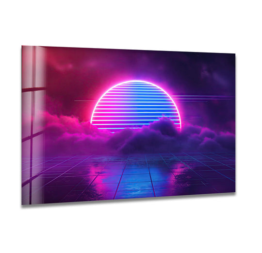 Synthwave pink lines glass wall artwork features a dark night sky with scattered stars above purple and pink clouds.
