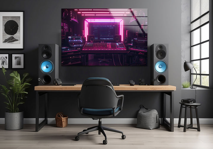 Synthwave Pink Dj Studio Glass Wall Art picture on glass wall art, photos printed on glass
