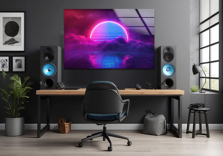 Synthwave Pink Lines Glass Wall Art custom glass photo prints, large glass prints
