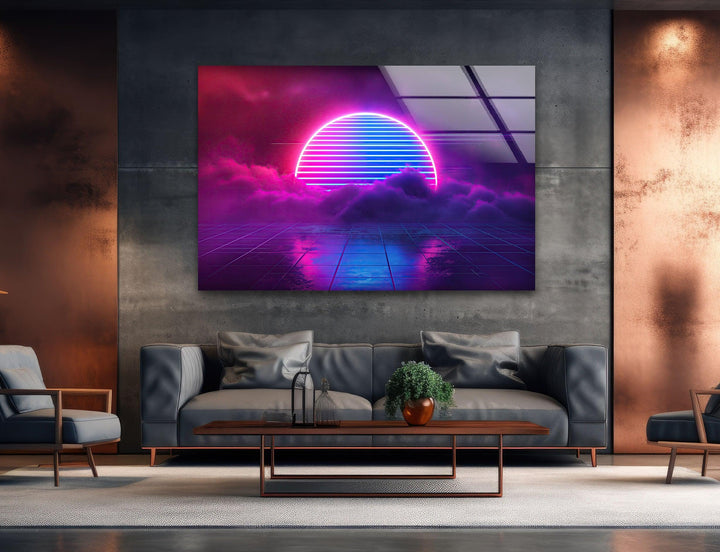 Synthwave Pink Lines Glass Wall Art picture on glass wall art, photos printed on glass
