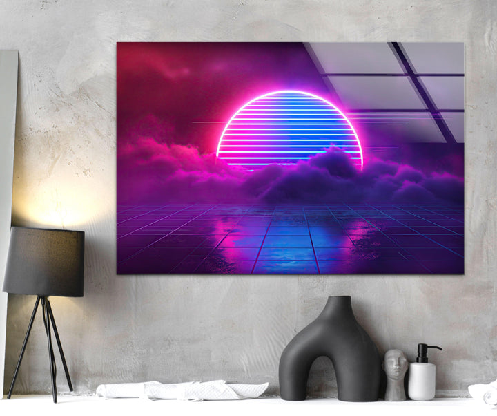 Synthwave Pink Lines Glass Wall Art print on glass, glass printed photos
