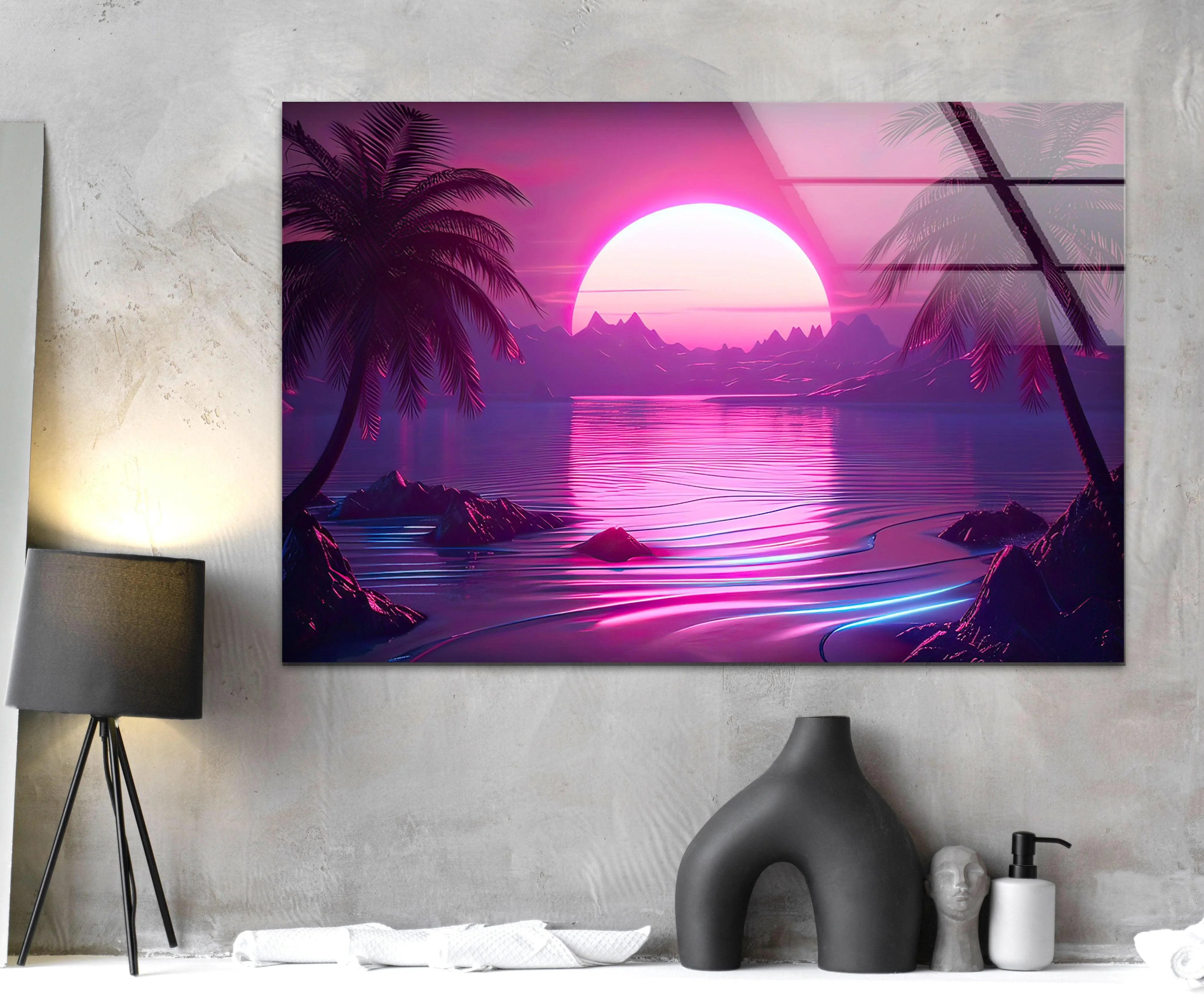 Neon Sunset Oasis Glass Wall Art | Futuristic Tropical Aesthetic
