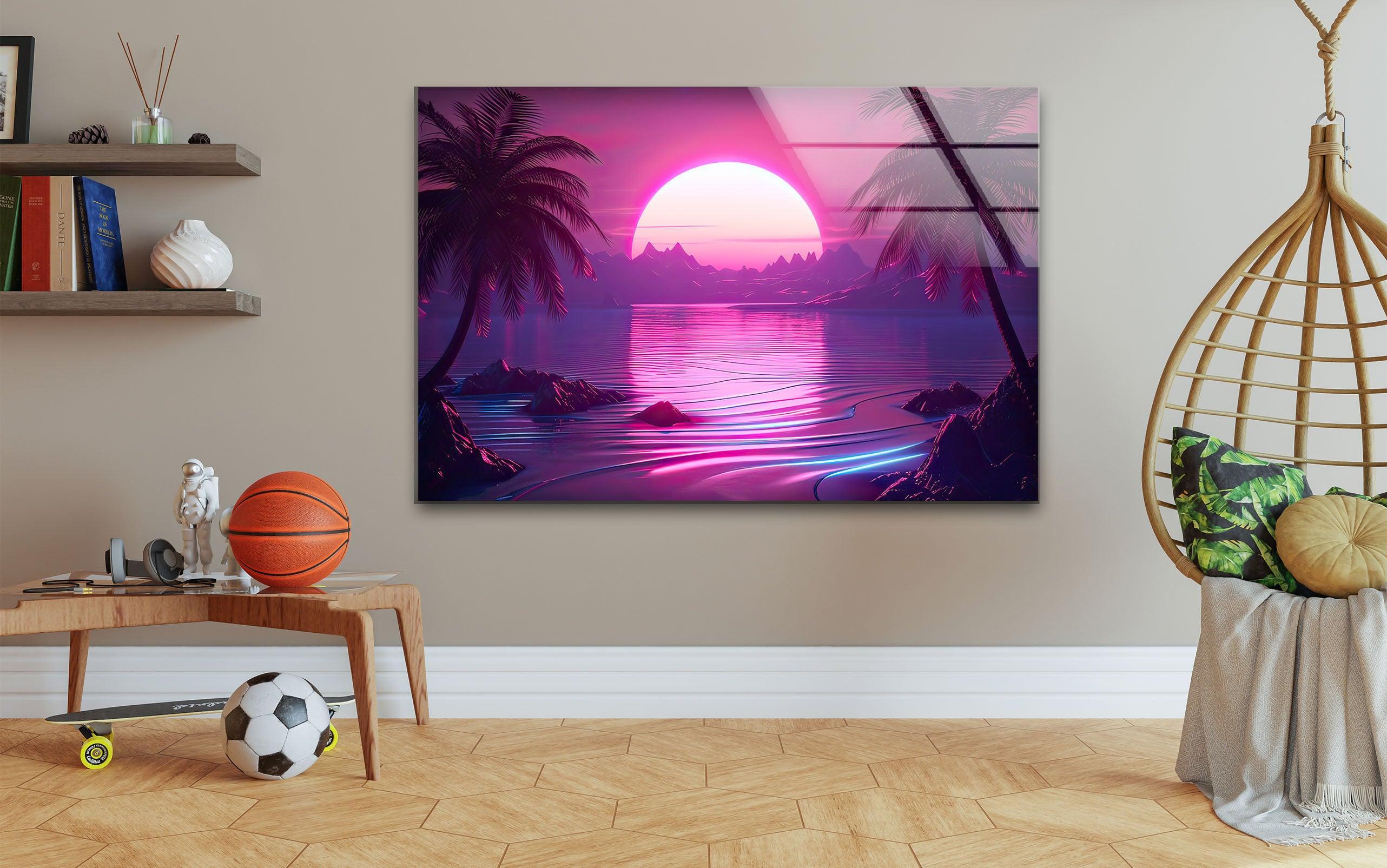 Neon Sunset Oasis Glass Wall Art | Futuristic Tropical Aesthetic