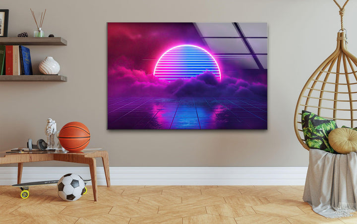 Synthwave Pink Lines Glass Wall Art print picture on glass, Tempered Glass Wall Art
