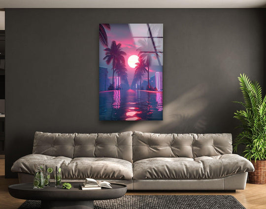 The luminous reflections of the tropical sunset in the glass art create a soft, vibrant, futuristic landscape, resembling a neon-lit hanging wall art of a palm paradise.