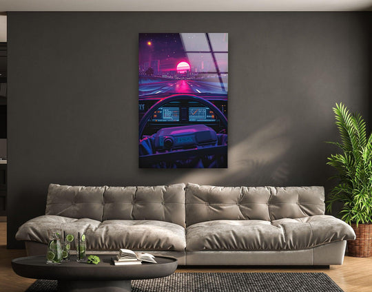 Vertical art from glass depicting a retro car dashboard on a neon-lit highway at sunset.