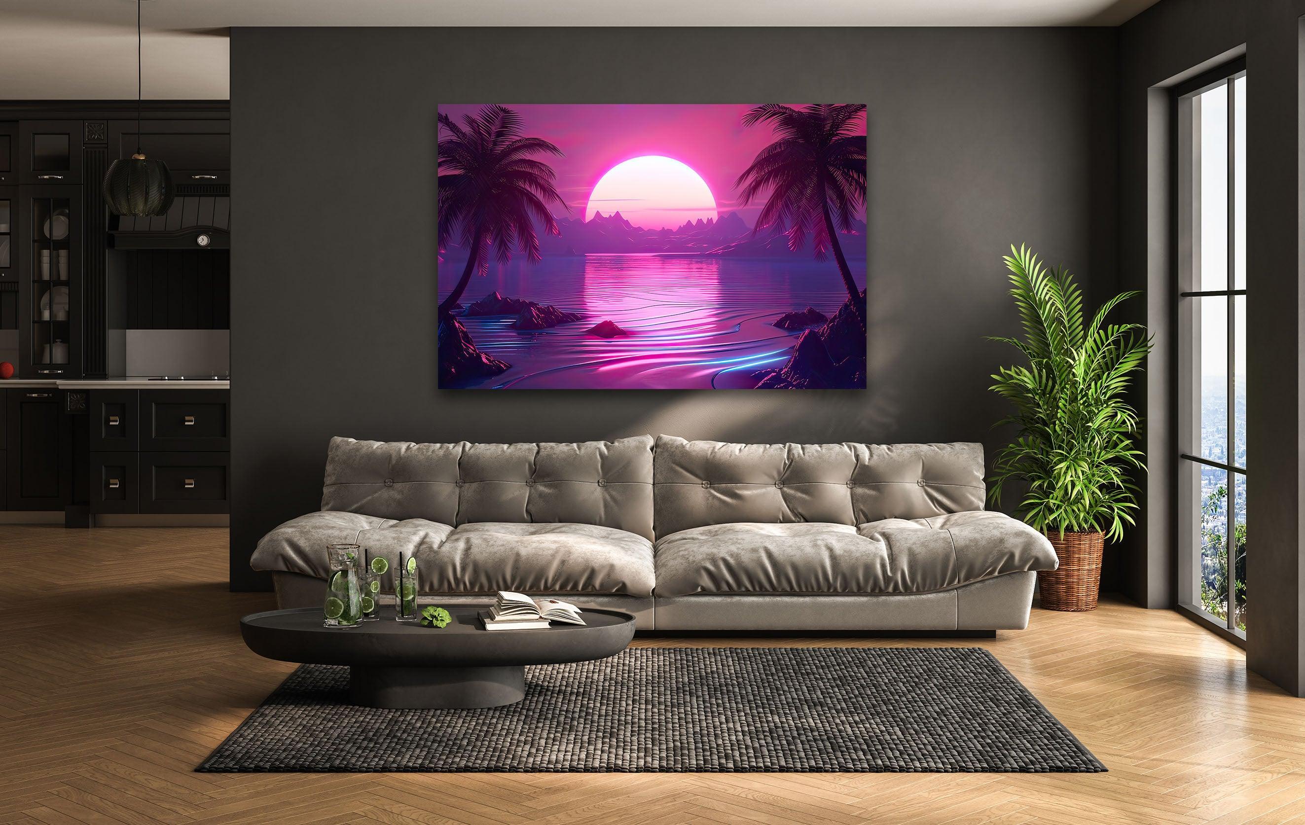Neon Sunset Oasis Glass Wall Art | Futuristic Tropical Aesthetic