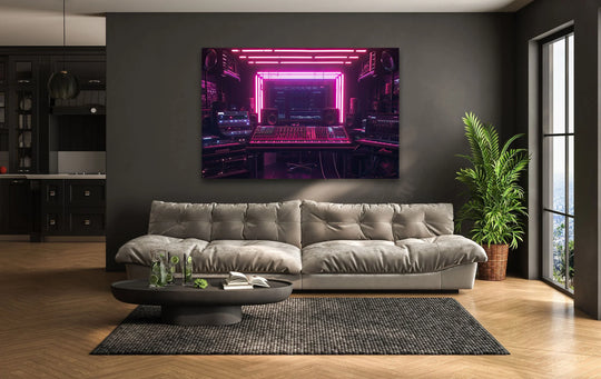 Darkness frames a synthwave pink dj studio glass wall art, showcasing neon lights and music equipment for home decoration.