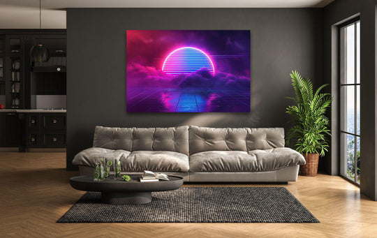 A premium synthwave pink lines art from glass showcasing a vibrant neon sun with stunning reflective qualities.