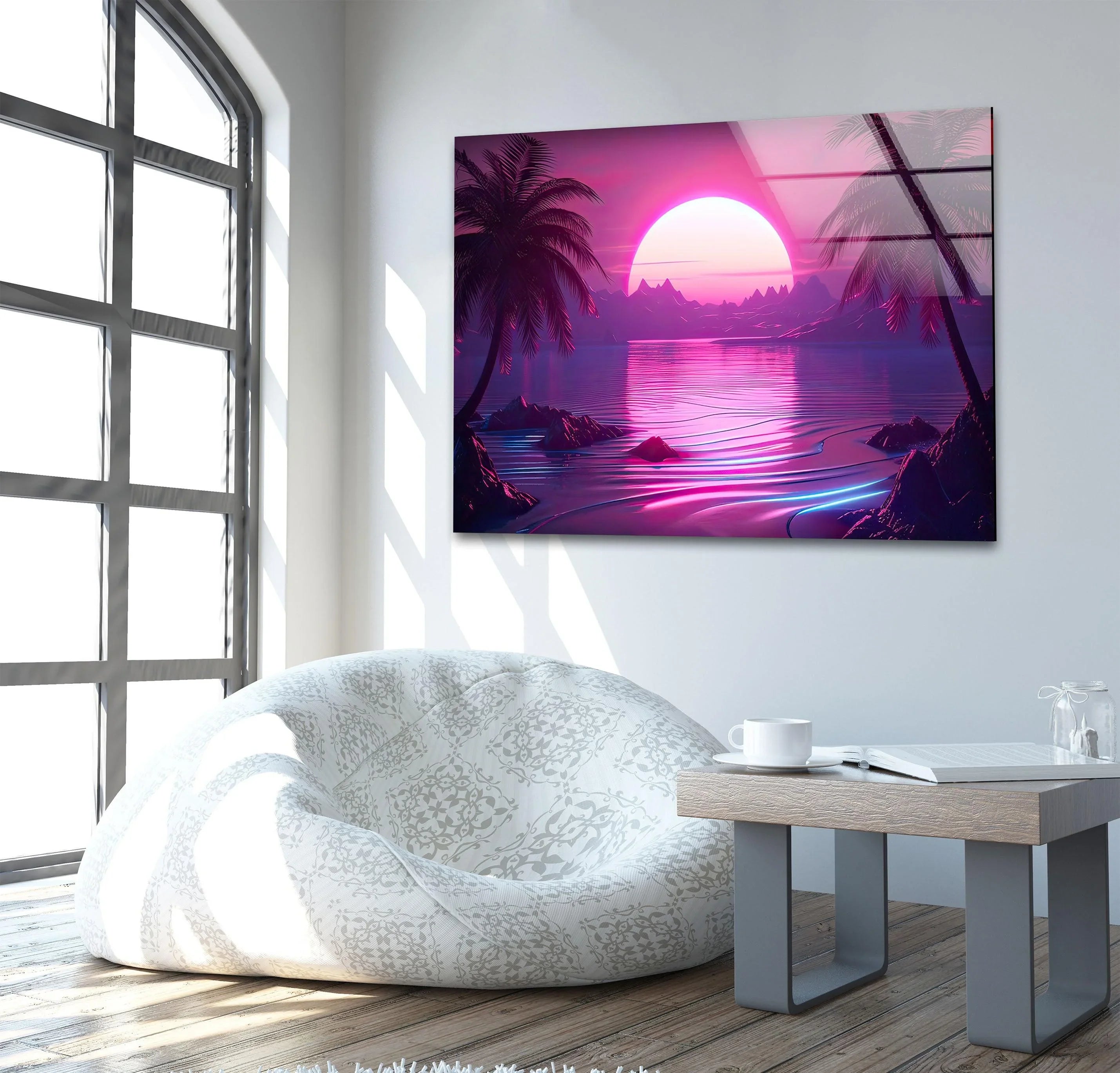 Neon Sunset Oasis Glass Wall Art | Futuristic Tropical Aesthetic