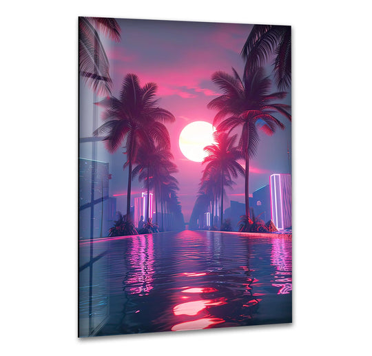Intense color saturation defines this neon tropical sunset glass wall art, creating an otherworldly and immersive visual experience, making it one of the best glass art pieces.