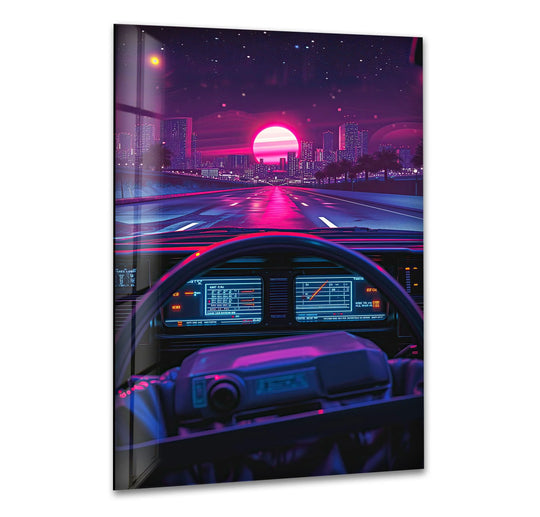 The darkest area of this retro car driving glass wall art features a deep violet sky above a neon-lit cityscape.