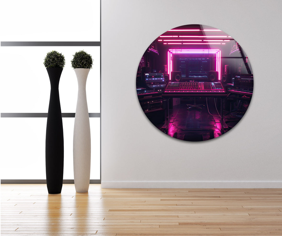 Synthwave Pink Dj Studio Glass Wall Art custom glass pictures, glass art prints
