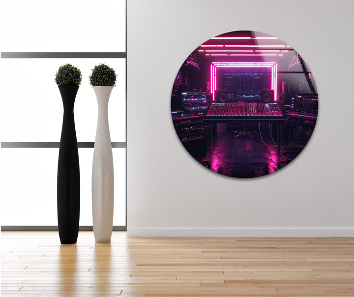 Synthwave Pink Dj Studio Glass Wall Art custom glass pictures, glass art prints

