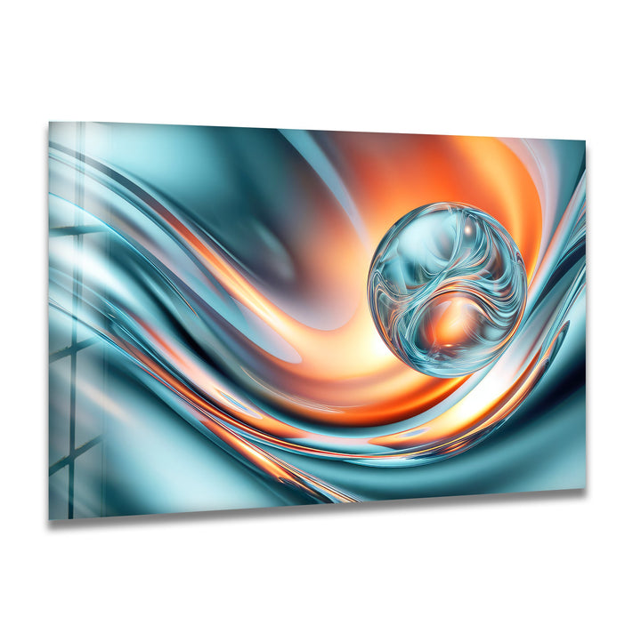 Abstract glass wall art featuring a glowing teal and orange swirling wave with a reflective glass sphere centerpiece.