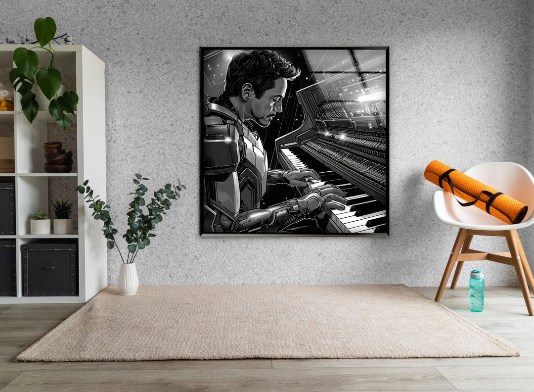 Highlighting the geometric elements, the Iron Man pianist glass art presents a symphony of angular lines, blending musical composition with a superhero&