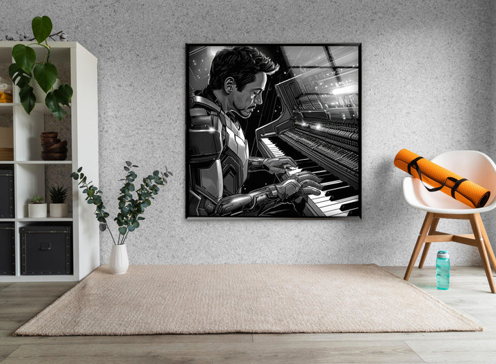 Highlighting the geometric elements, the Iron Man pianist glass art presents a symphony of angular lines, blending musical composition with a superhero&