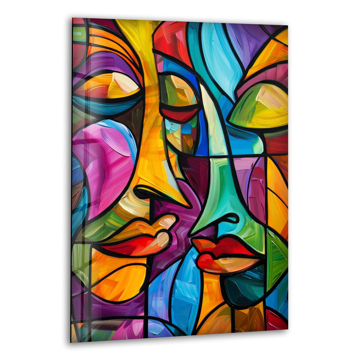 Abstract glass wall art prints with soft, painterly strokes of vibrant color depict two faces in a stylized, cubist manner.