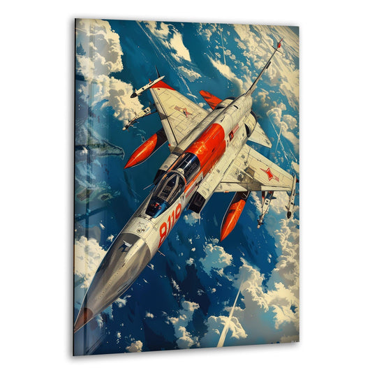 Dynamic fighter jets create a thrilling visual rhythm across this decorative wall art featuring a thrilling aerial battle.
