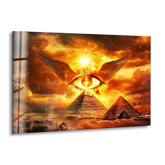 A mystical, fiery eye of the Egyptian god Horus watches over ancient pyramids, creating an epic and otherworldly print wall art.