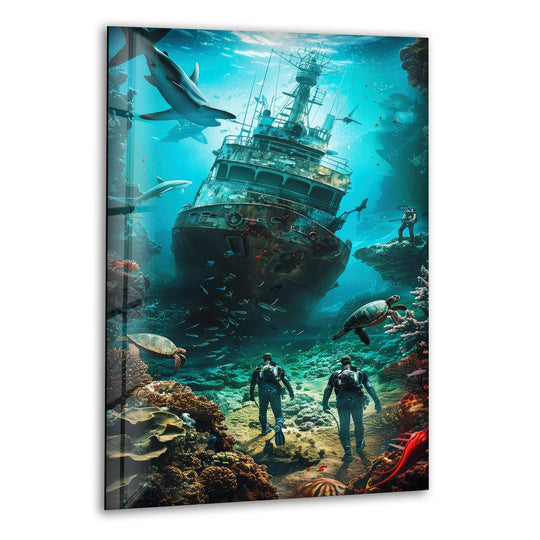 Sharks glide and divers move around a sunken ship, creating a dynamic underwater scene for your home decor.