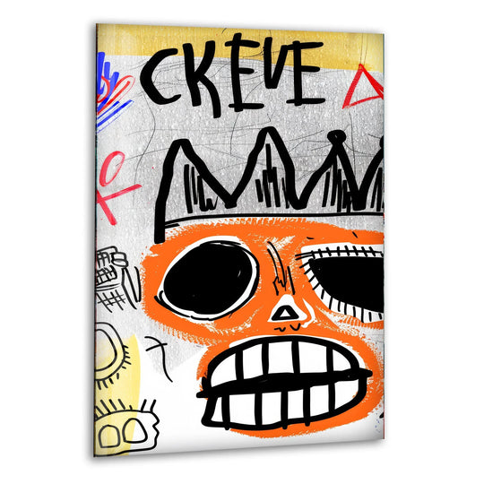 Free Portrait glass wall art features a bold orange skull as the focal point, offering unique modern wall decor.