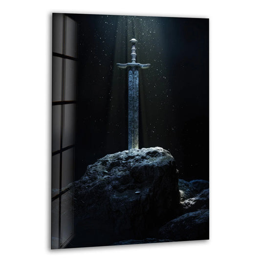 A dramatically lit sword in a stone shows high contrast between dark shadows and bright sunbeams, creating a striking piece of home decor.