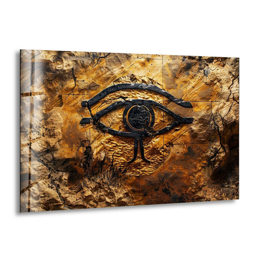 An Egyptian-inspired eye of ra adorns a textured, cracked, golden-brown background on this glass wall art decor.