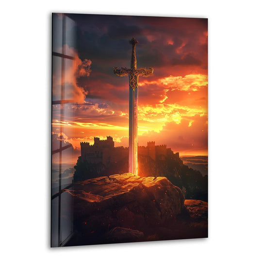 A majestic ornate sword stands upright on rocky terrain, a beacon of unique modern wall decor against a fiery sunset sky.