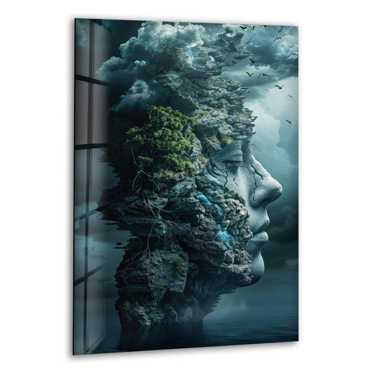 Surreal glass art depicts a rocky island with trees forming a human profile against a stormy sky.