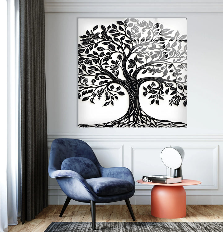 Elegant monochrome tree illustration on glass featuring sweeping branches and decorative root shapes.