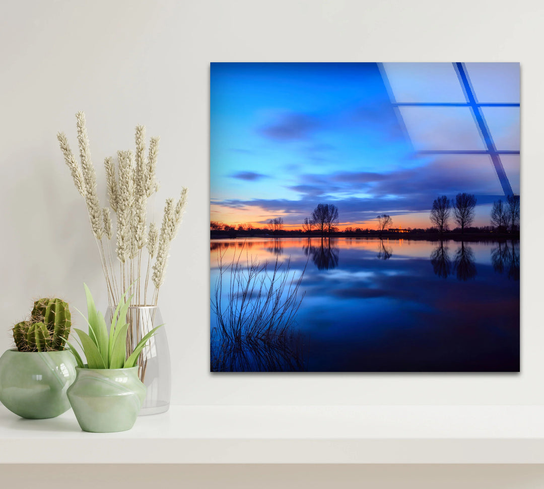 Blue Sunset Lake Wall Art – Serene Landscape Glass Print for Calm and Modern Interiors - MyPhotoStation