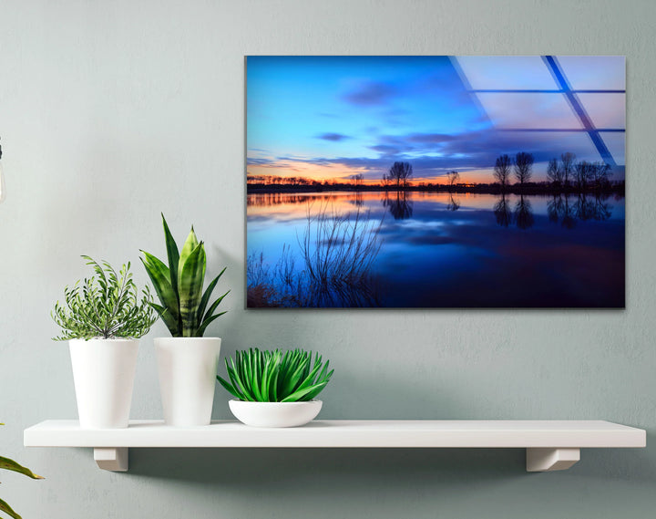 Blue Sunset Lake Wall Art – Serene Landscape Glass Print for Calm and Modern Interiors - MyPhotoStation