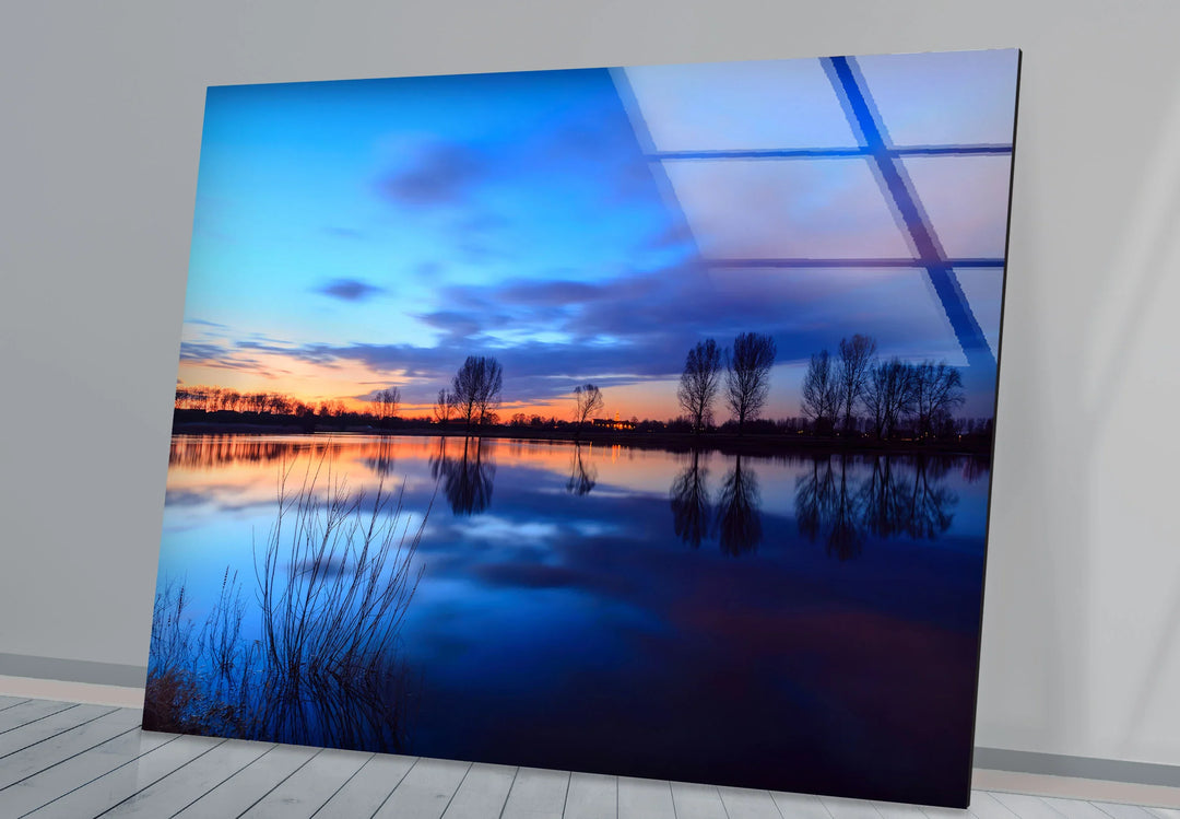Blue Sunset Lake Wall Art – Serene Landscape Glass Print for Calm and Modern Interiors - MyPhotoStation