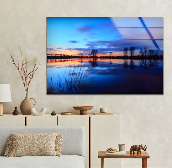 Blue Sunset Lake Wall Art – Serene Landscape Glass Print for Calm and Modern Interiors - MyPhotoStation