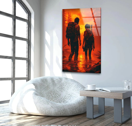 Deep sunset hues create depth and layers within this Survival Journey Duo glass wall prints art piece, highlighting the reflection of the travelers.